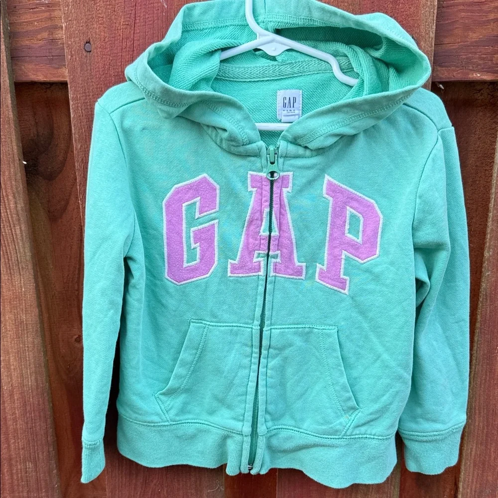 GAP Kids Mint Teal Pink Embroidered Logo Zipper Hooded Sweatshirt Size XS 4-5